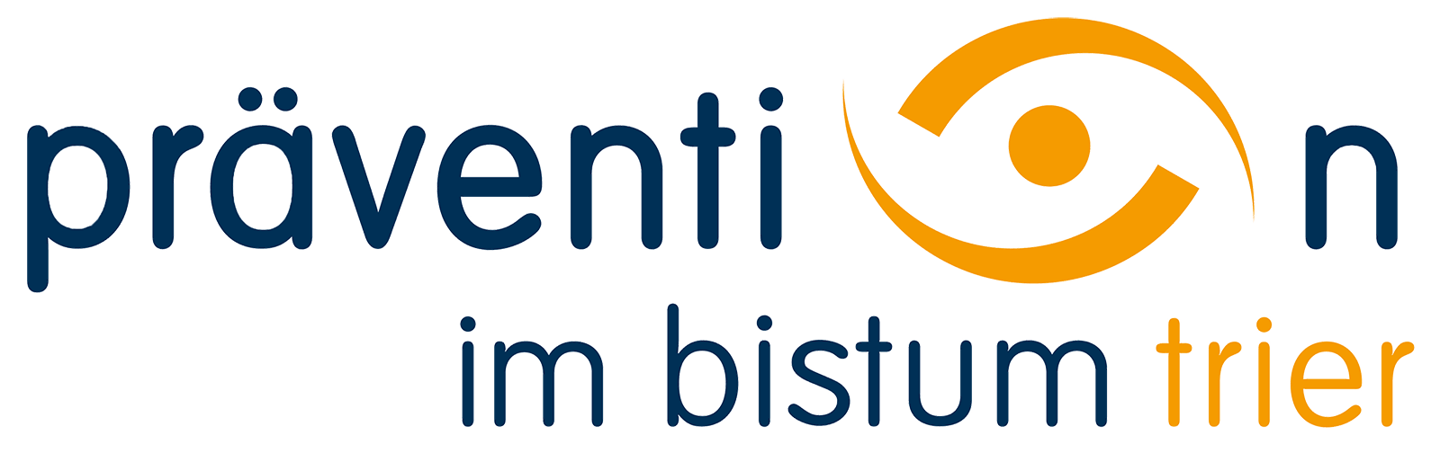 Man sieht den Text 'Prävention im Bistum Trier' zusammen mit einem grafischen Element, welches ein Punkt mit zwei umgebenden Linien ist