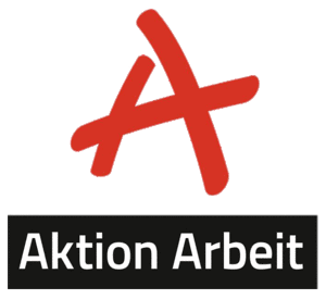 Das Logo der Aktion Arbeit. Man sieht ein großes, rotes A, darunter der Text 'Aktion Arbeit'