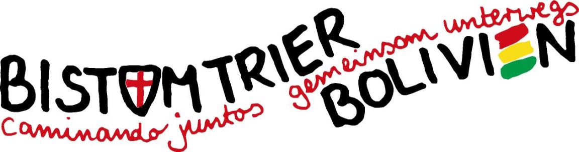 Man sieht in geschwungener Form die Wörter Caminando juntos - gemeinsam unterwegs. Dazu die Wörter Bistum Trier bzw. Bolivien (c) Bolivienpartnerschaft Man sieht in geschwungener Form die Wörter Caminando juntos - gemeinsam unterwegs. Dazu die Wörter Bistum Trier bzw. Bolivien