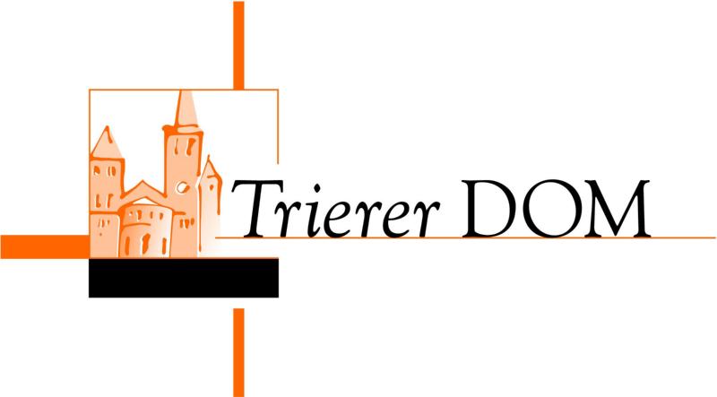 Das Logo des Trierer Doms. Man sieht den gezeichneten Dom. Hinter ihm liegen zwei Striche in Kreuzform. Daneben der Text 'Trierer Dom'