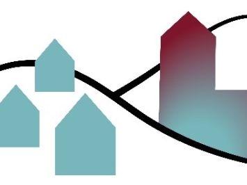 Das Logo zeigt stilisierte Häuser und ein größeres Gebäude mit Turm, die durch geschwungene Linien verbunden sind und eine hügelige Landschaft andeuten. Die kleineren Häuser sind in Türkis gehalten, während das große Gebäude einen Farbverlauf von Türkis zu Dunkelrot aufweist.