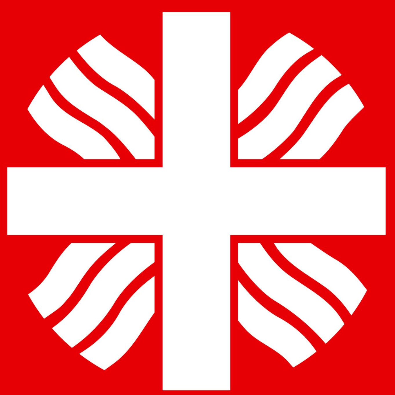 Man sieht ein weißes Kreuz auf rotem Grund. In den vier Ecken ragen 'Flammen' hervor.