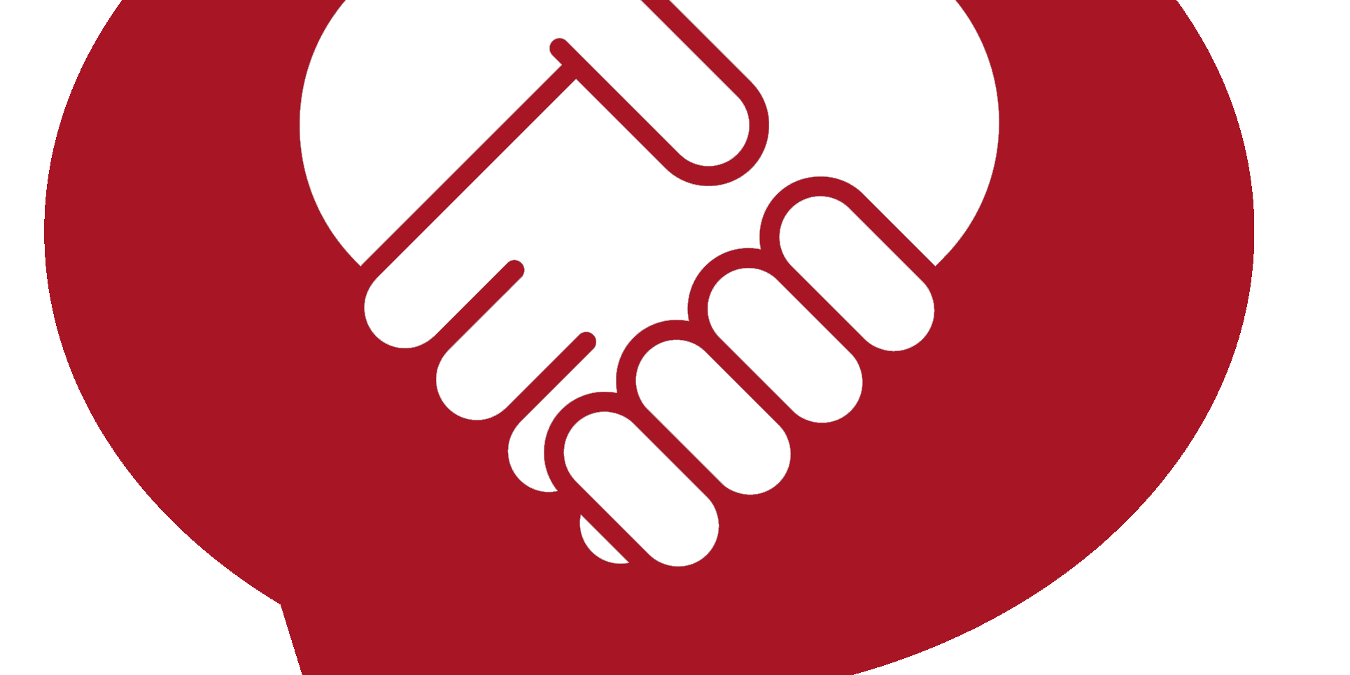 rote Sprechblase mit zwei Händen, die ineinander greifen und dabei ein Herz bilden