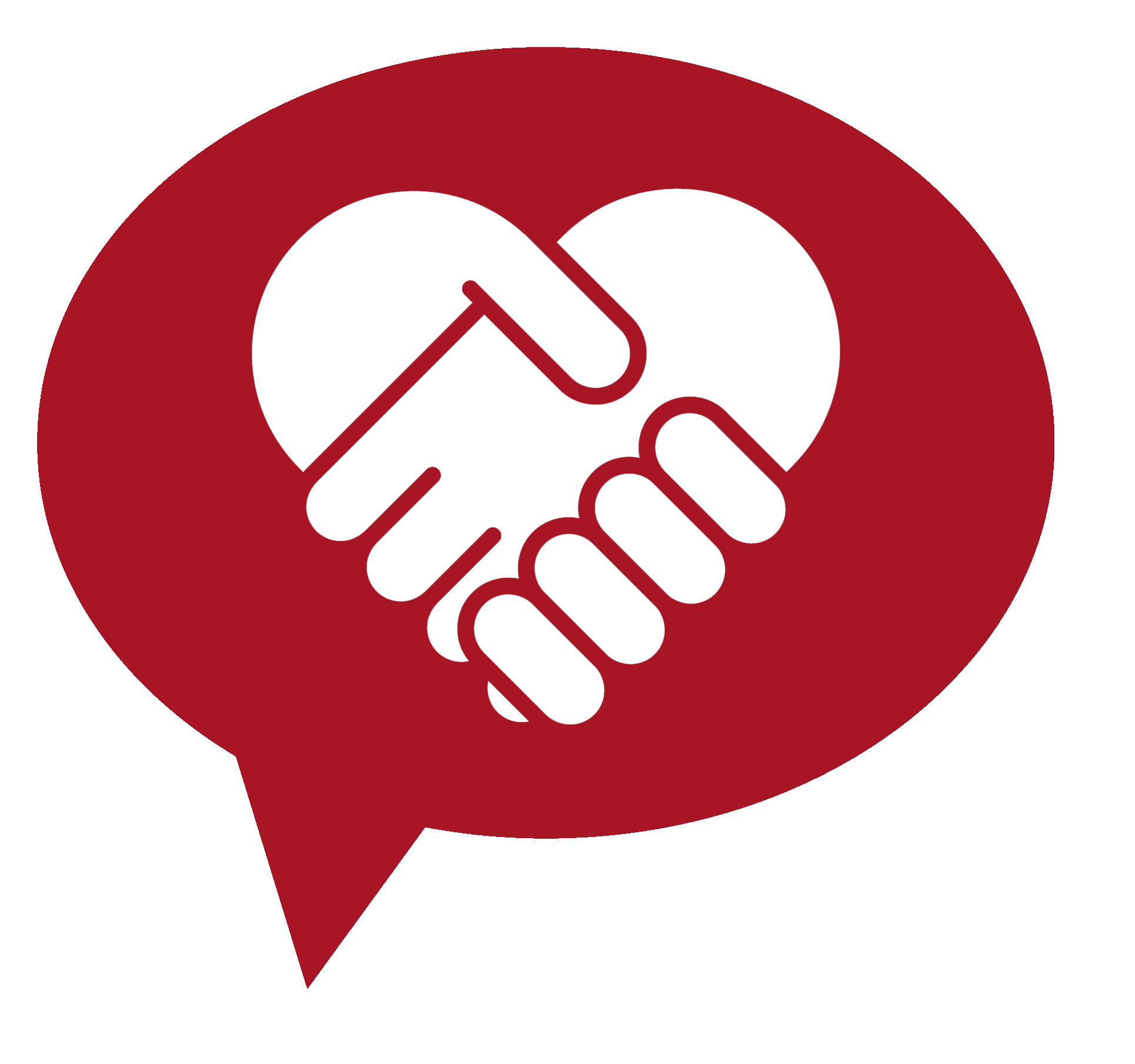 rote Sprechblase mit zwei Händen, die ineinander greifen und dabei ein Herz bilden