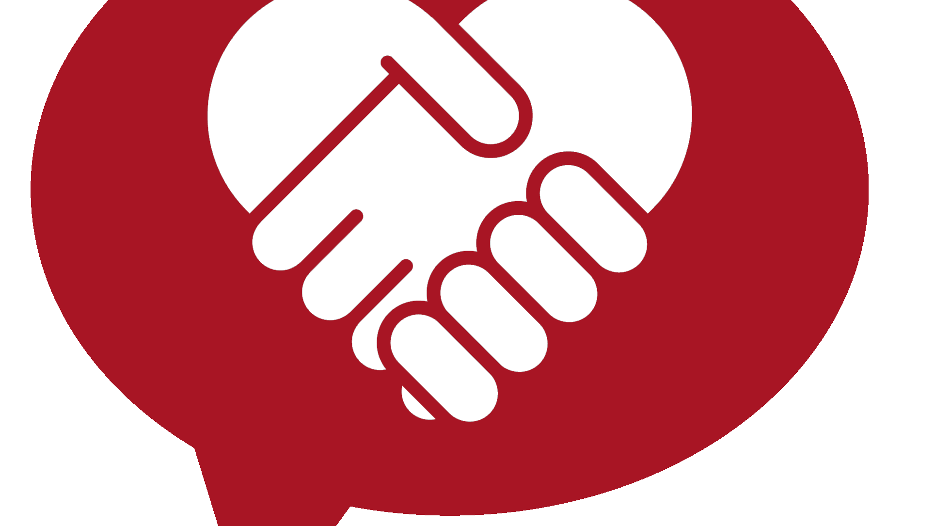 rote Sprechblase mit zwei Händen, die ineinander greifen und dabei ein Herz bilden