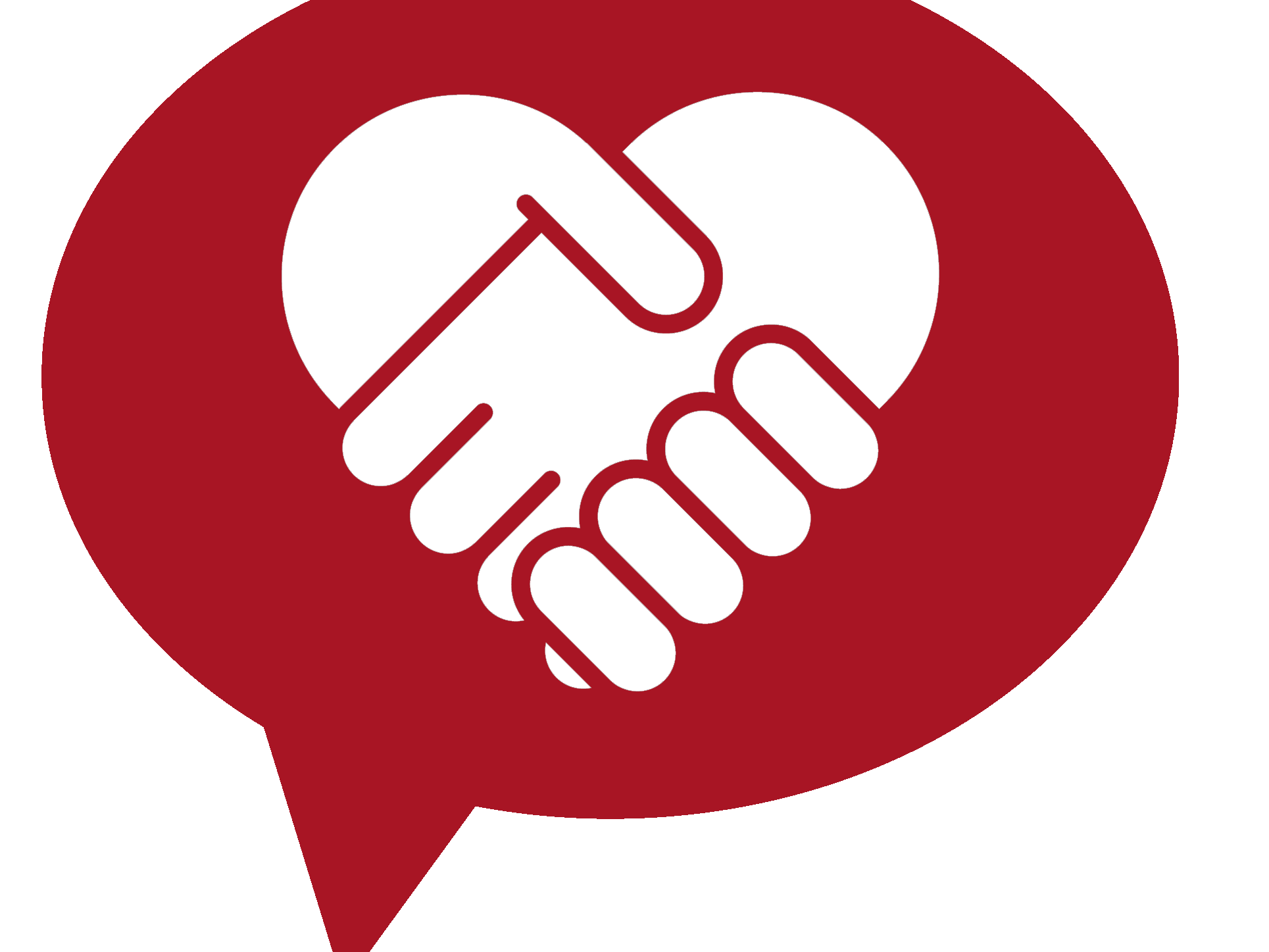 rote Sprechblase mit zwei Händen, die ineinander greifen und dabei ein Herz bilden