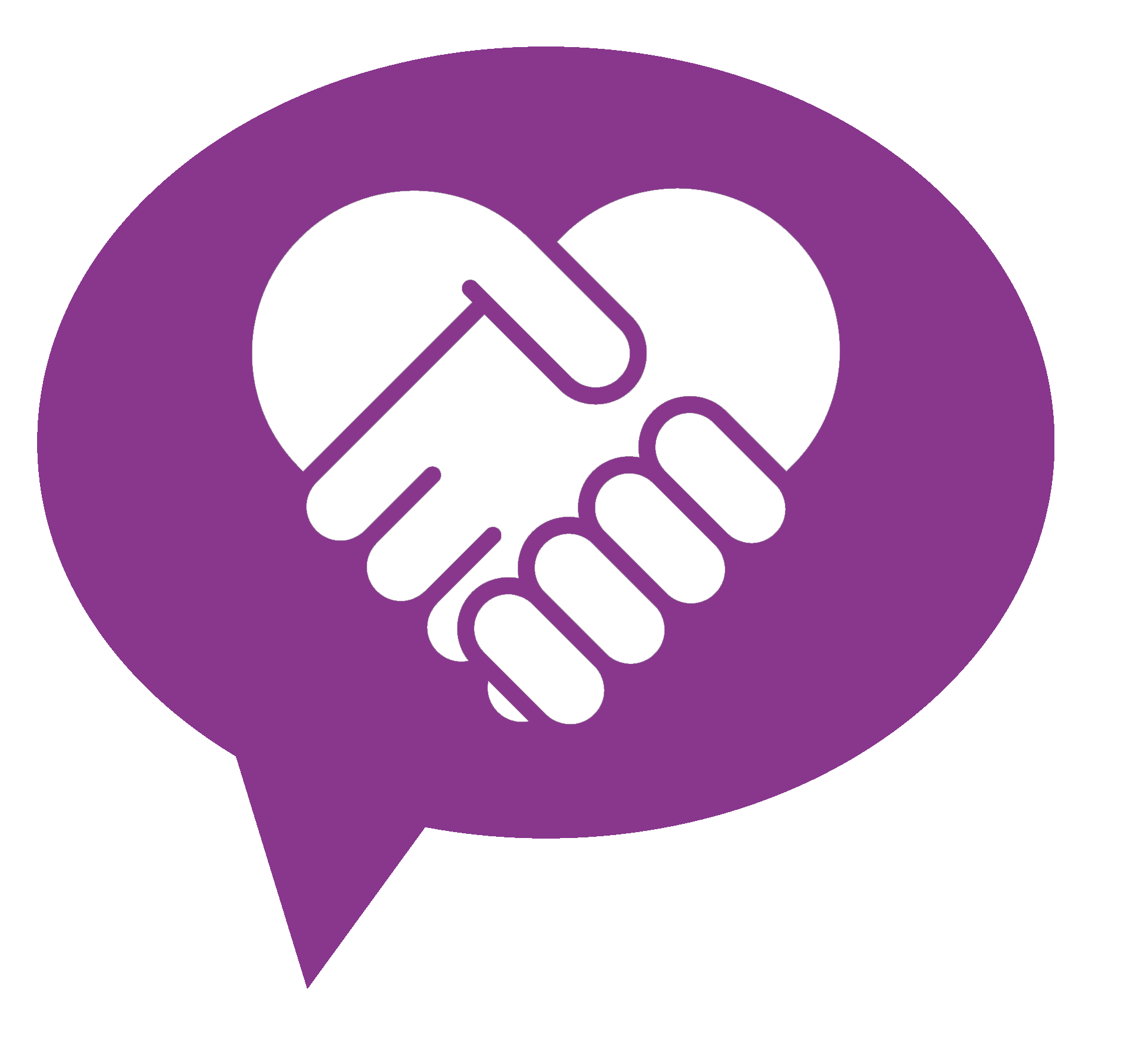 lila Sprechblase mit zwei Händen, die ineinander greifen und dabei ein Herz bilden