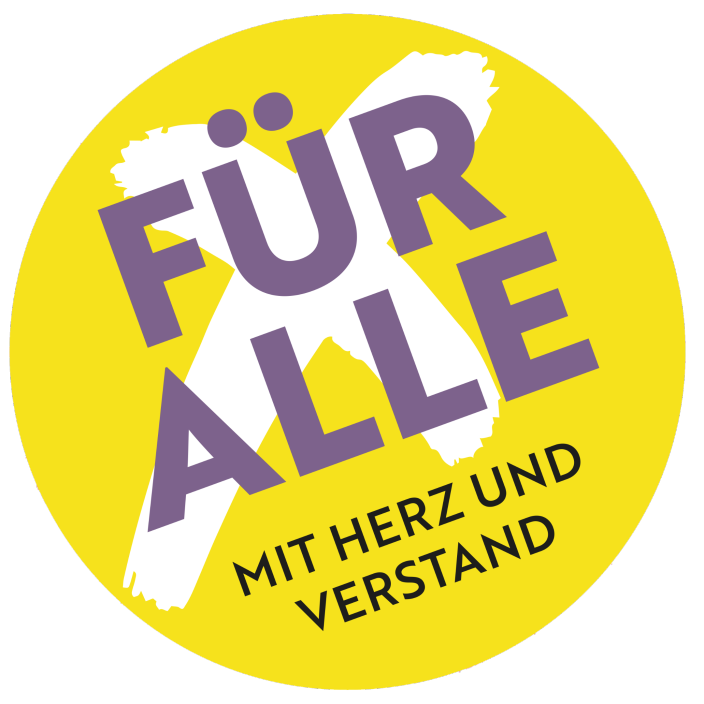 Logo: Geld mit violetter Schrift: Für alle mit Herz und Verstand. Im Hintergrund ist ein weißen Wahlkreuz