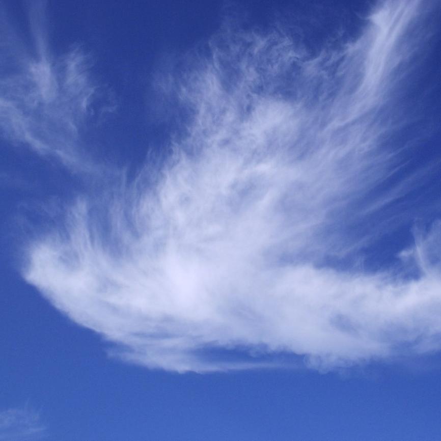 Wolken in Form einer Taube sind an einem blauen Himmel zu sehen.