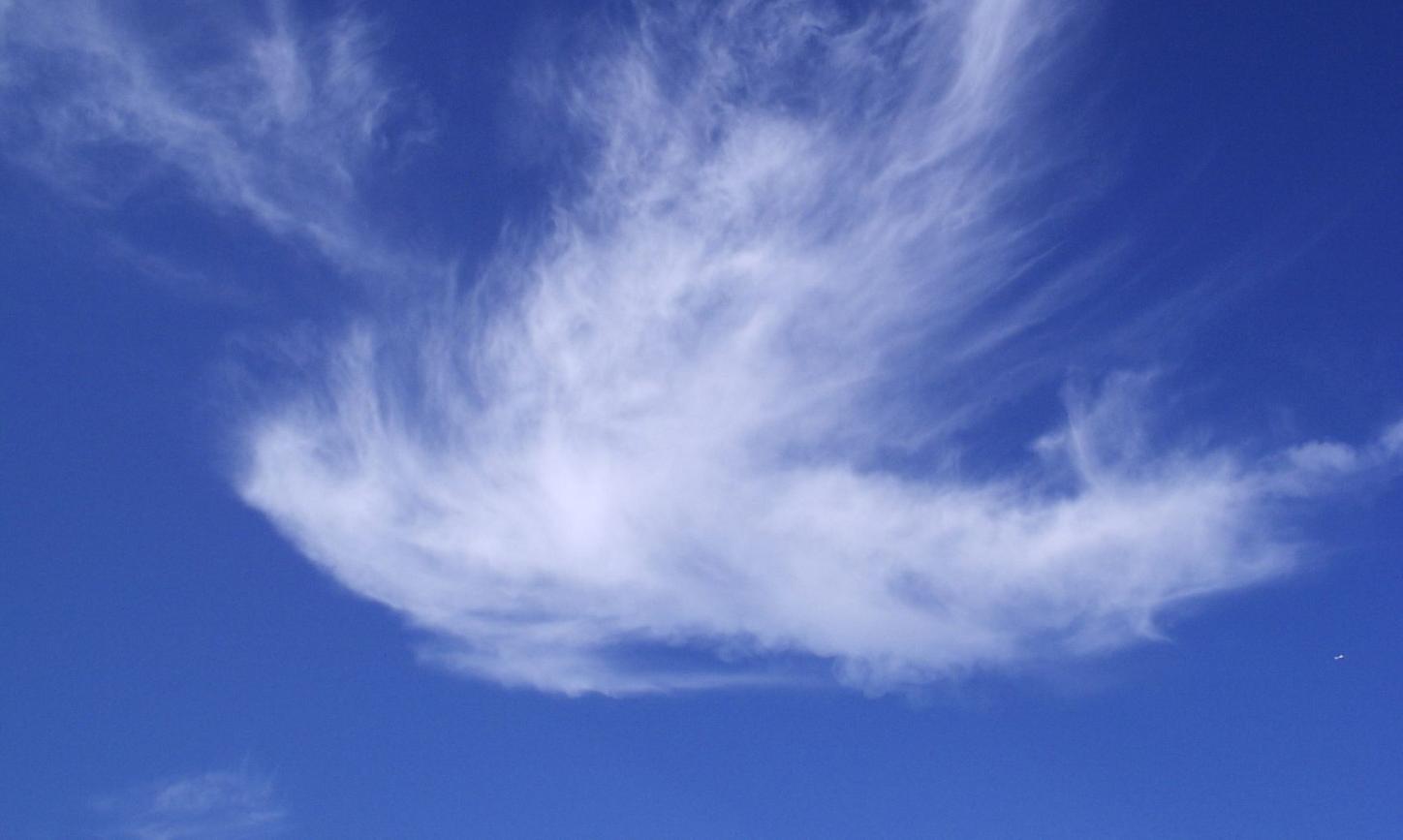 Wolken in Form einer Taube sind an einem blauen Himmel zu sehen.