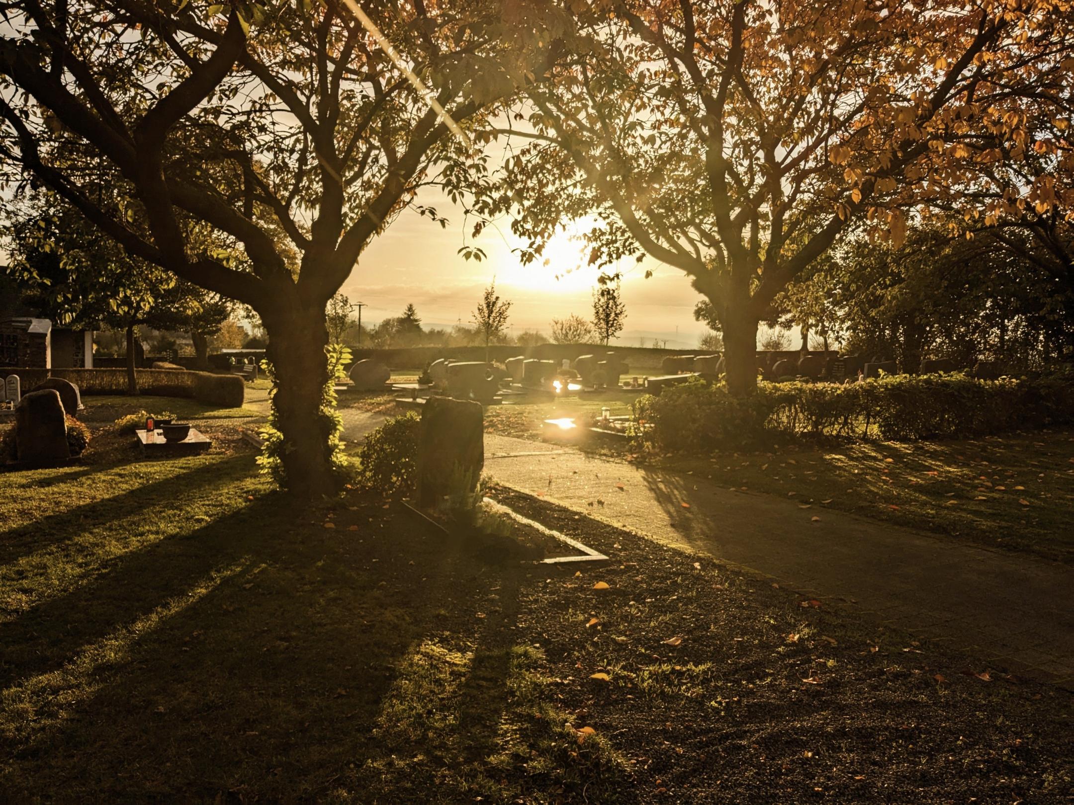 Friedhof bei untergehender Sonne und herbstlicher Stimmung