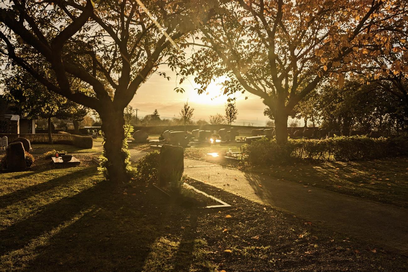 Friedhof bei untergehender Sonne und herbstlicher Stimmung