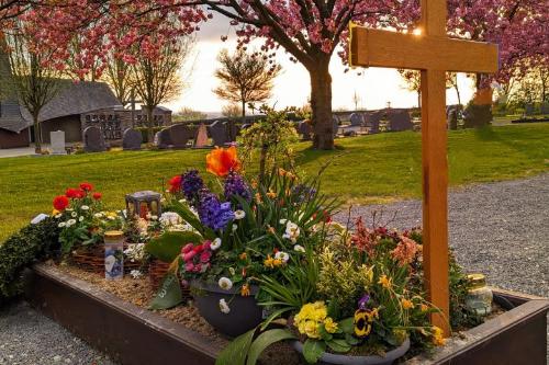 Grab mit Holzkreuz und vielen Frühlingsblumen; im Hintergrund sieht man den friedhof, Wiese und blühende Bäume bei untergehender Sonne