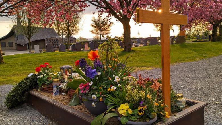 Grab mit Holzkreuz und vielen Frühlingsblumen; im Hintergrund sieht man den friedhof, Wiese und blühende Bäume bei untergehender Sonne