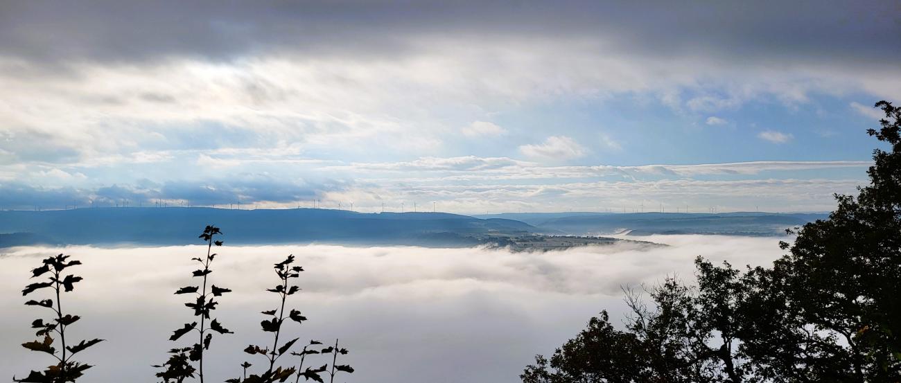 Blick über eine nebelverhangene Landschaft. Im Hintergrund sind Windräder zu sehen. Ein Hügel ragt aus dem Nebel heraus. Der Himmel ist wolkig und sonnig zugleich