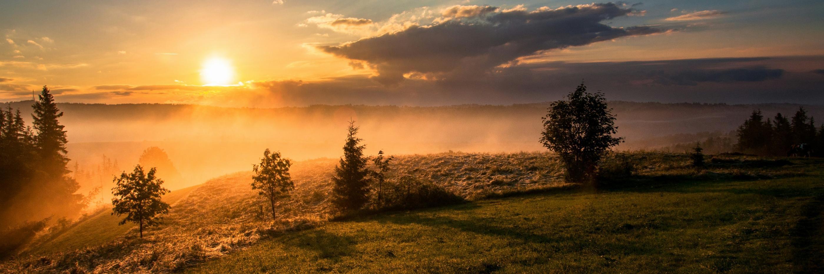 Sonnenaufgang über einer hügeligen grünen Wiese; Nebel liegt auf den Wiesen; die Sonne ist rötlich, der Himmel wird langsam Blau.