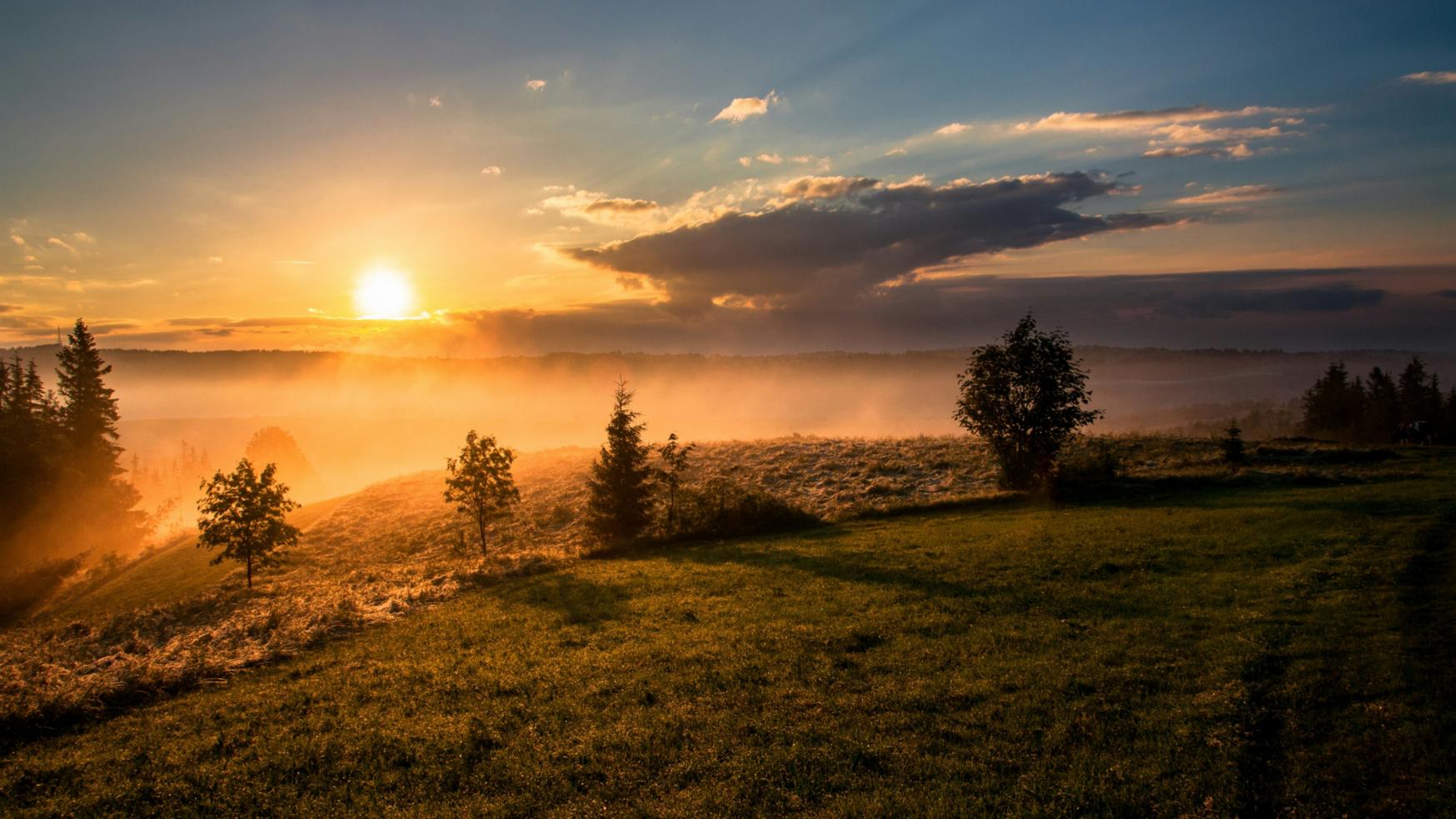 Sonnenaufgang über einer hügeligen grünen Wiese; Nebel liegt auf den Wiesen; die Sonne ist rötlich, der Himmel wird langsam Blau.