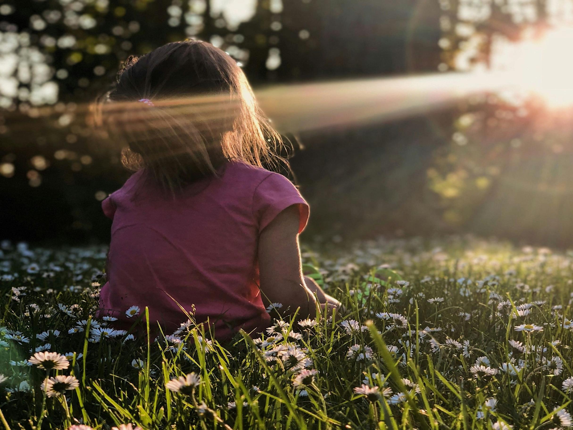 Ein Kind sitzt in einer Wiese mit Gänseblümchen und schaut Richtung Sonne, die zwischen den Bäumen durch scheint