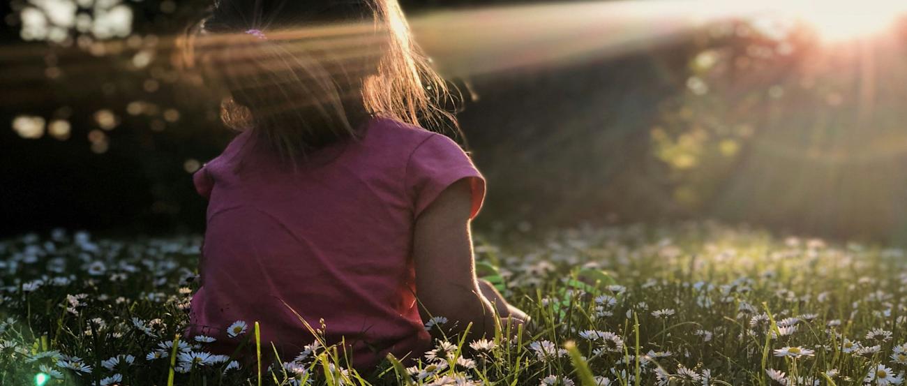 Sonnenstrahlen (c) Melissa Askew auf unsplash.com Ein Kind sitzt in einer Wiese mit Gänseblümchen und schaut Richtung Sonne, die zwischen den Bäumen durch scheint