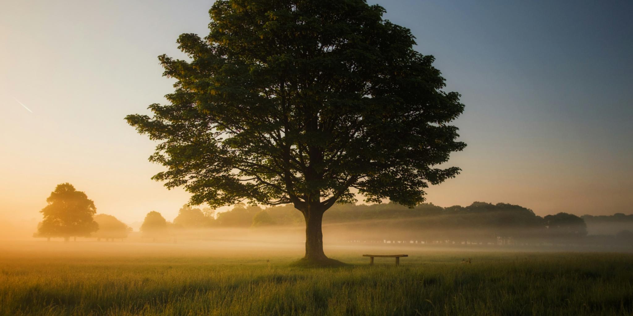 Ein Baum steht auf einer Wiese im Sonnenaufgang und um den Baum ist Nebel