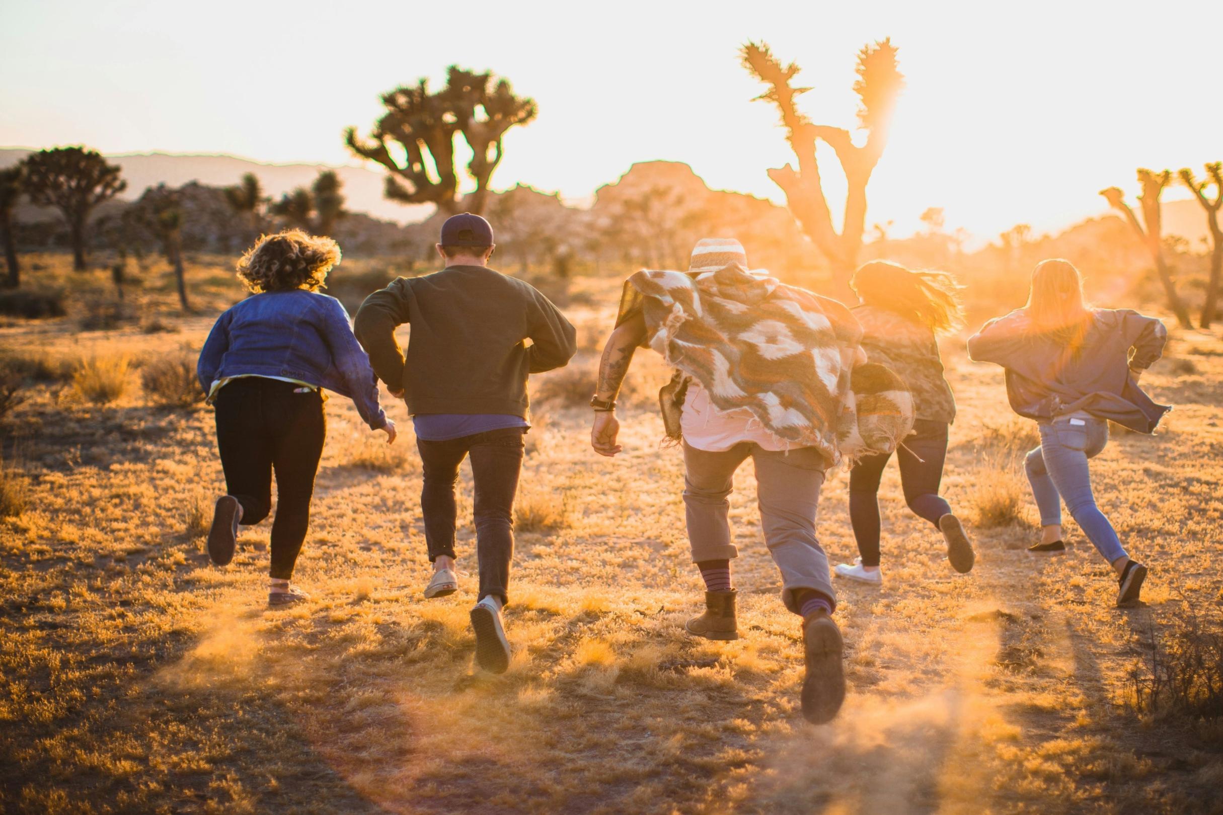 Eine Gruppe von fünf Menschen läuft in den Sonnenuntergang