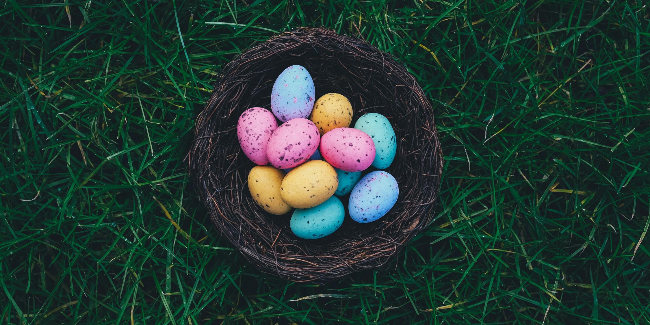 Ein Nest aus kleinen Ästen steht auf einer grünen Wiese. Es ist gefüllt mit bunten Eiern in pink, lila, blau und gelb