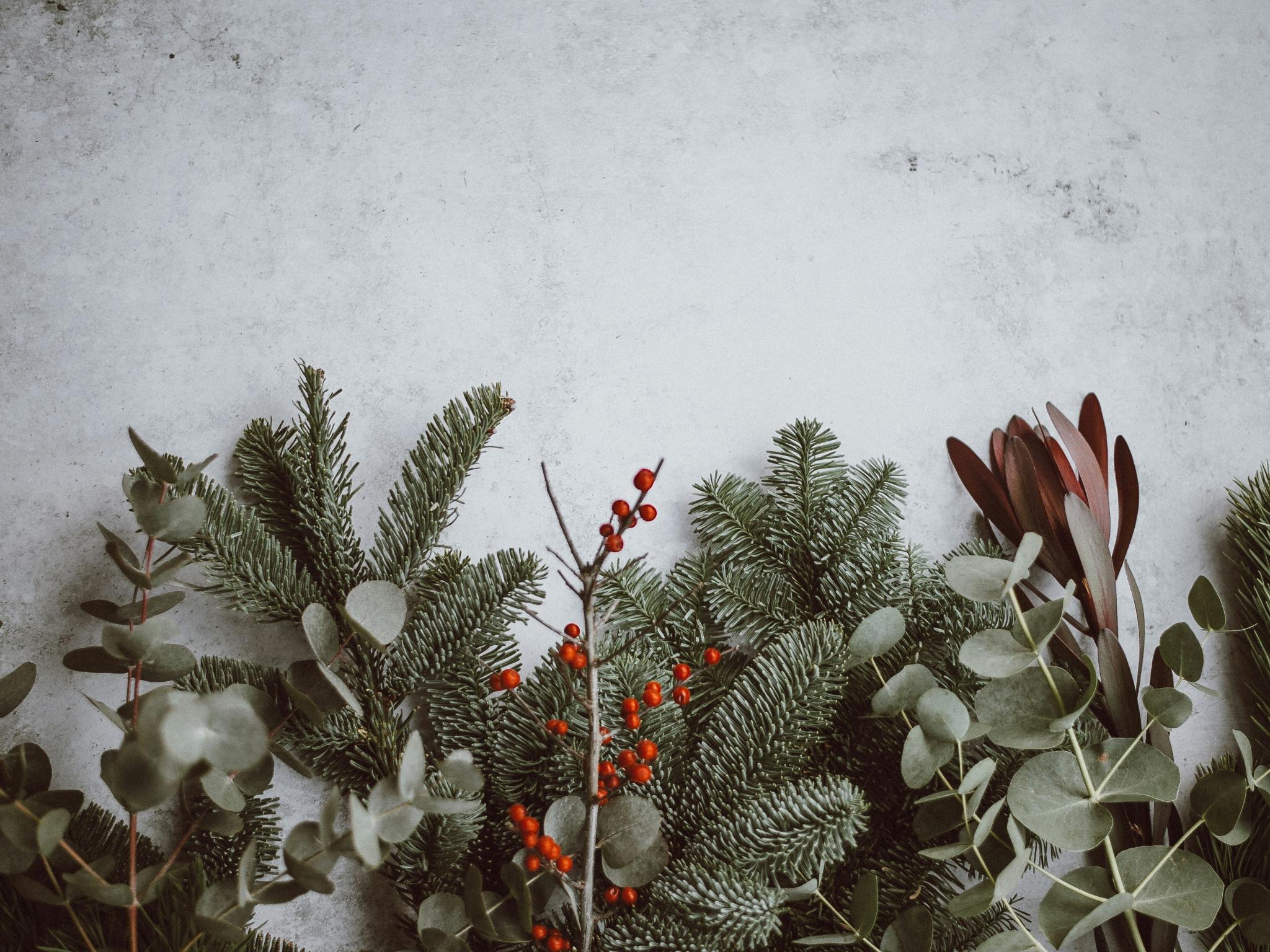 Auf einem Tisch in Marmoroptik liegen verschieden winterliche Zweige