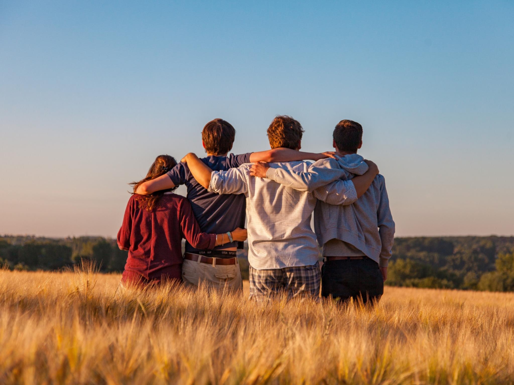 Man sieht vier Jugendliche von hinten, die auf einem Feld sitzen und sich in den Armen liegen. Es ist Sommer, der Himmel ist blau.