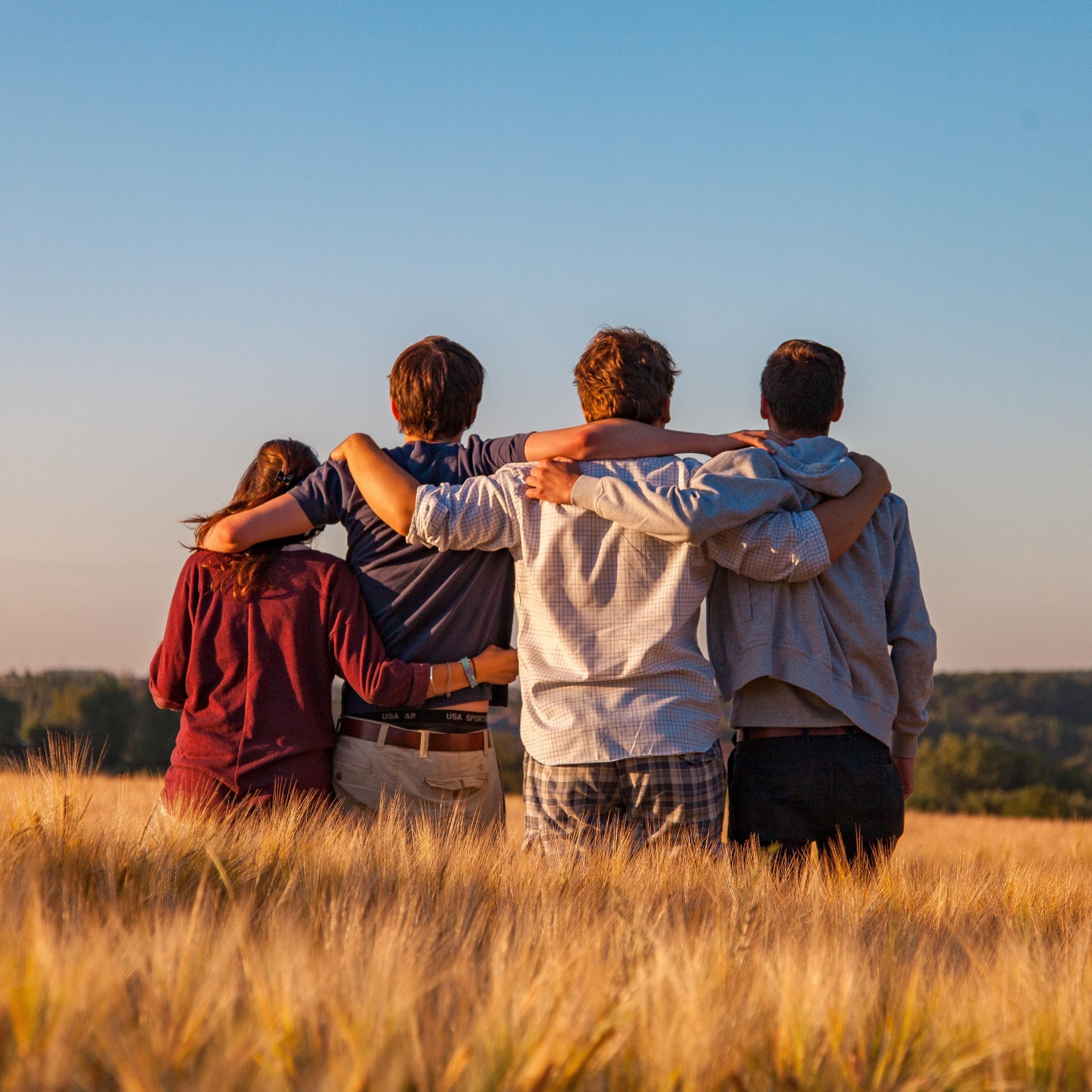 Man sieht vier Jugendliche von hinten, die auf einem Feld sitzen und sich in den Armen liegen. Es ist Sommer, der Himmel ist blau.