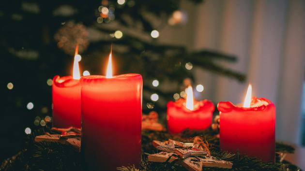 Vier Kerzen brennen an einem Adventskranz, im Hintergrund ist ein Weihnachtsbaum