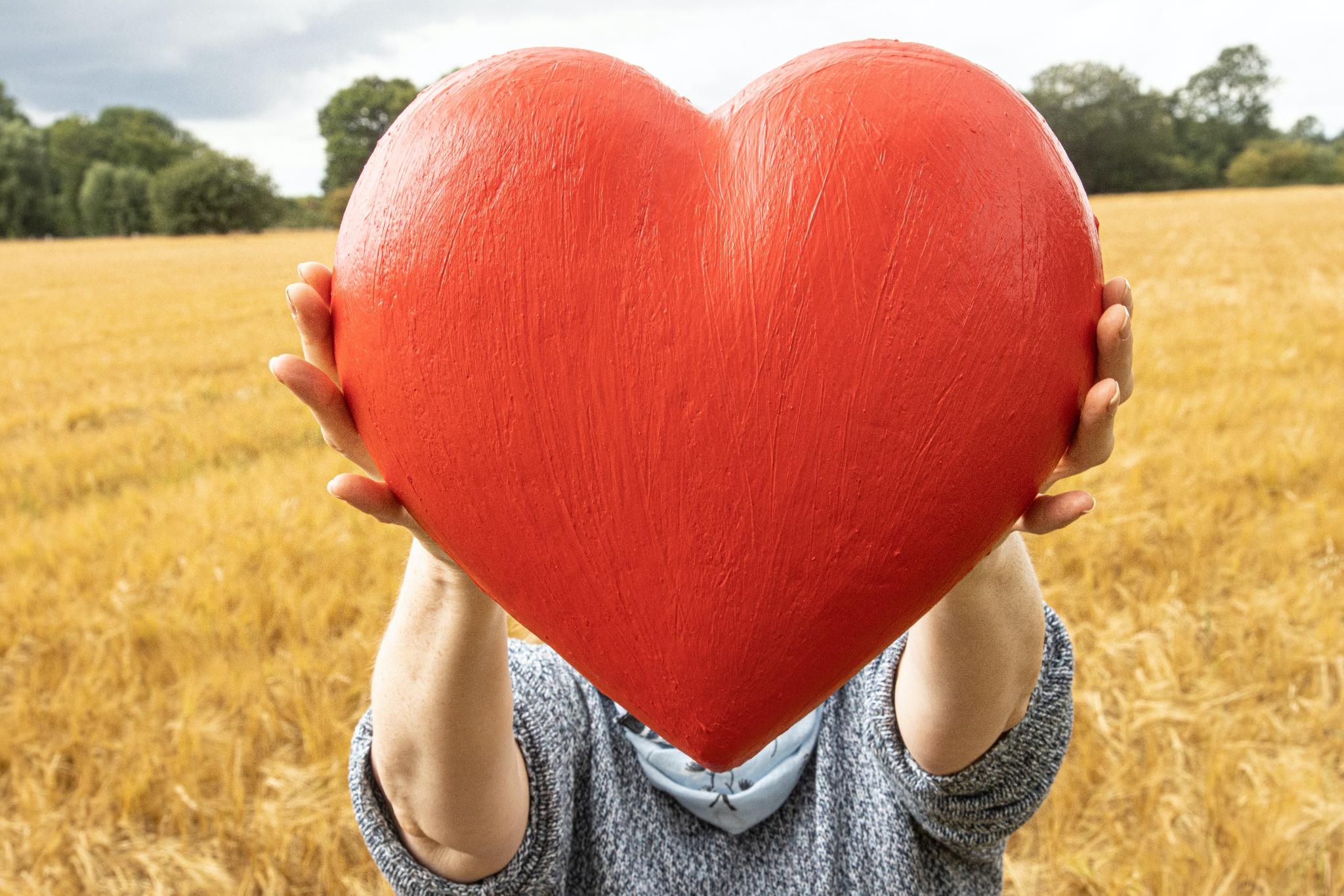 Ein Person steht in einem trockenen Gräserfeld und hält ein großes rotes Herz in den Händen