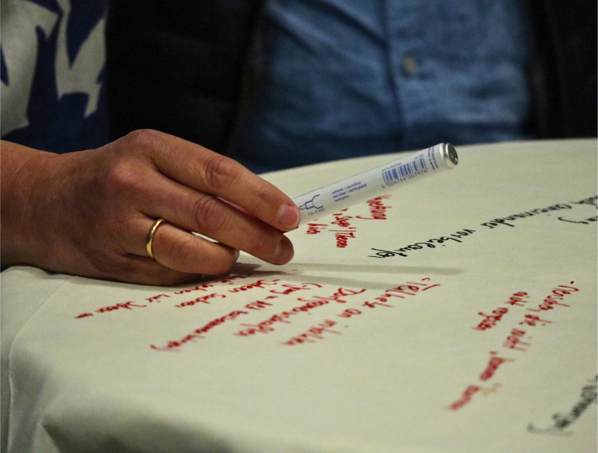 Ein Flipchartblatt liegt auf einem Tisch, es ist beschrieben. Eine Hand mit Stift schwebt darüber.