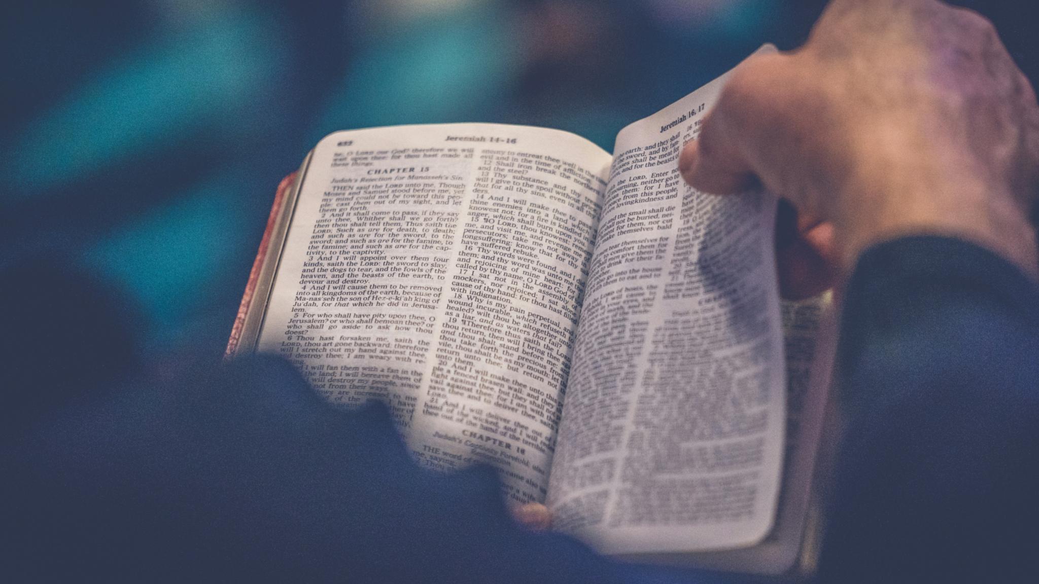 Ein Mensch hält eine Bibel in der Hand und liest darin