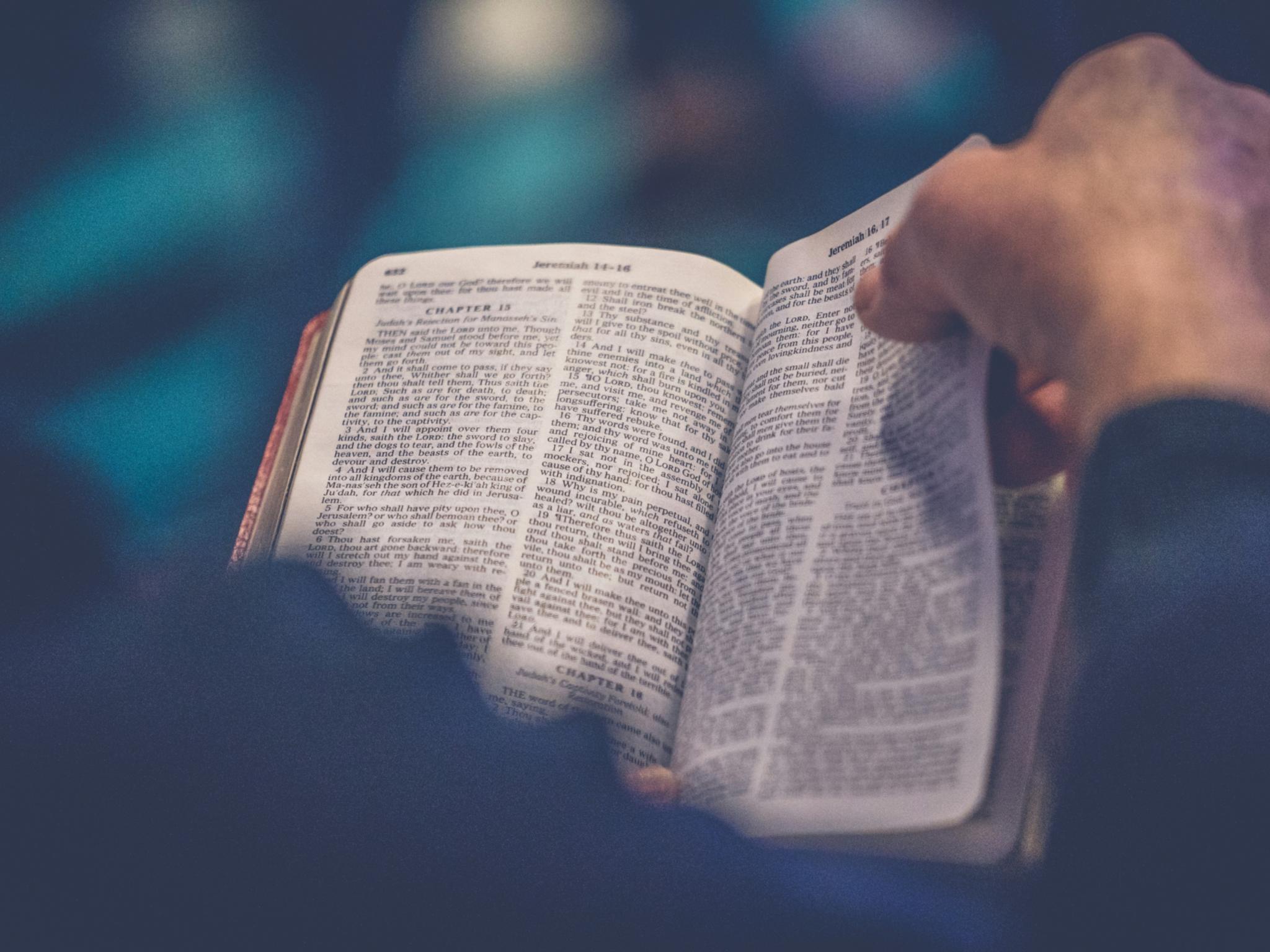 Ein Mensch hält eine Bibel in der Hand und liest darin