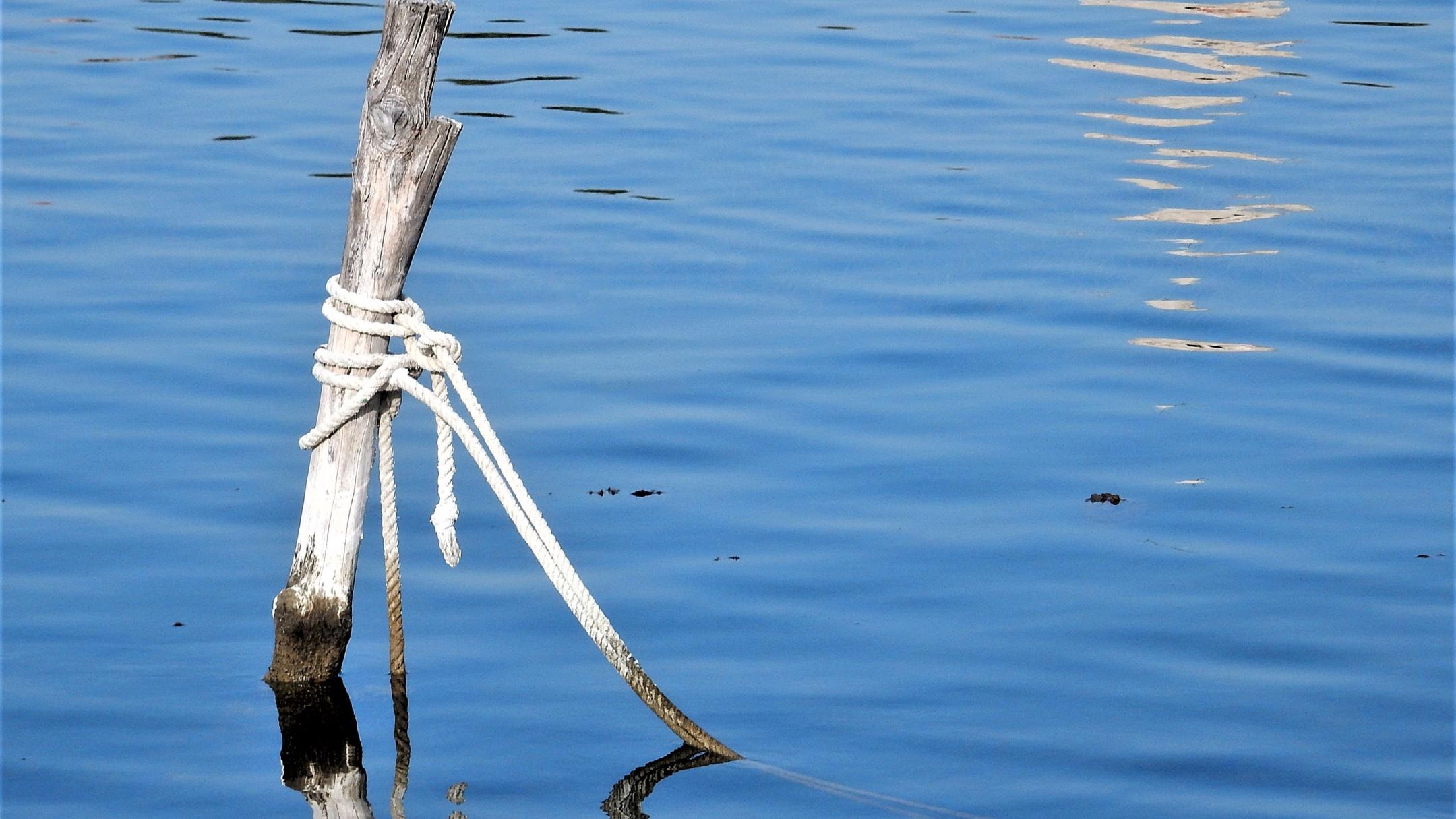 Ein Tau an einem Pfosten im Meer