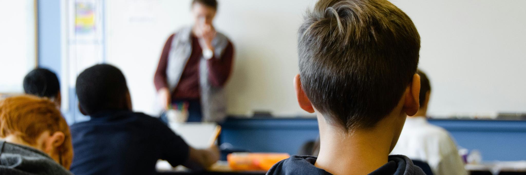 Schüler sitzen in einer Klasse und sind von hinten zu sehen
