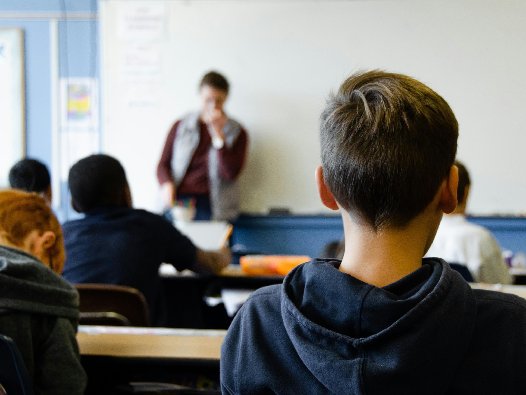 Schüler sitzen in einer Klasse und sind von hinten zu sehen