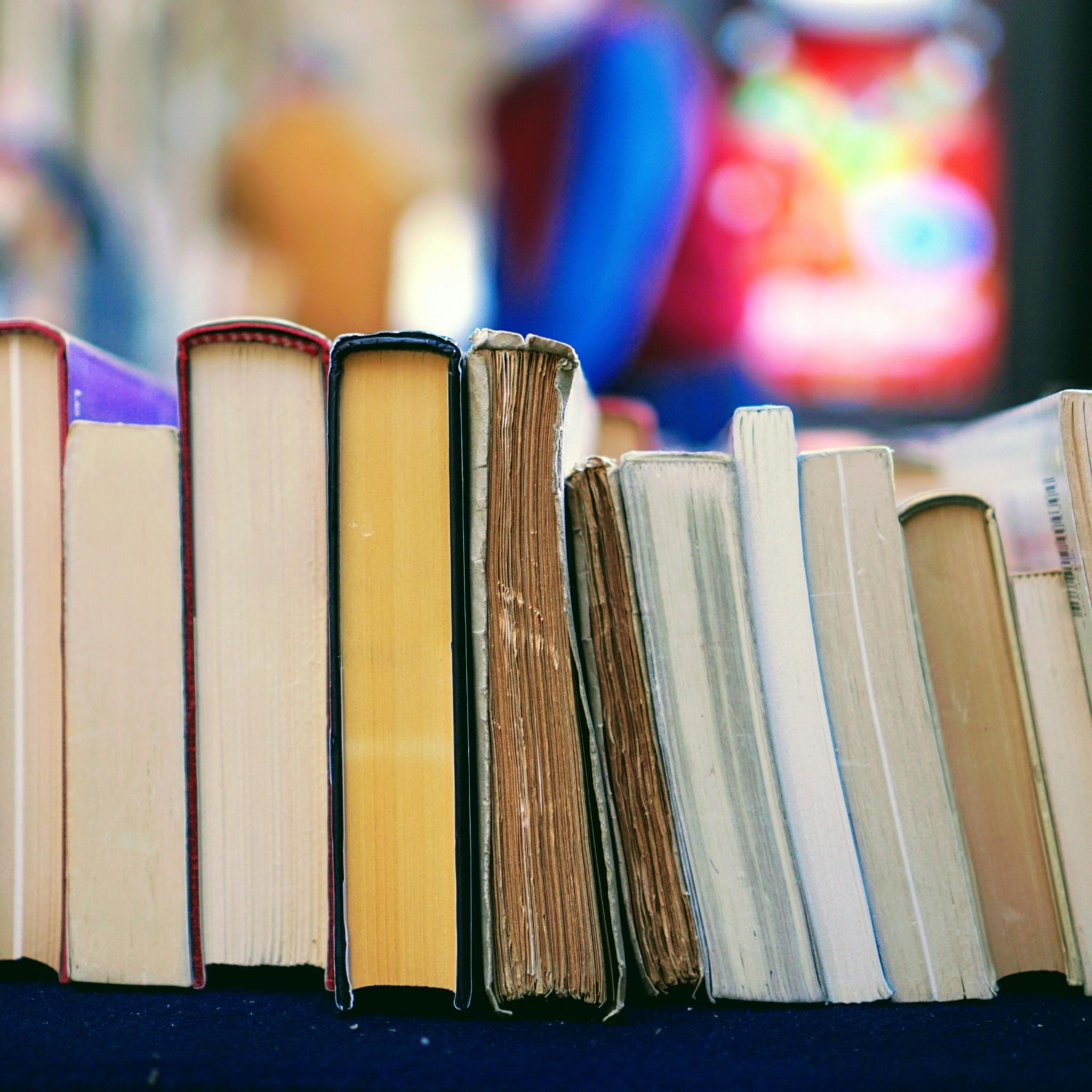 Mehrere Bücher sind in einer Reihe nebeneinander angeordenet.