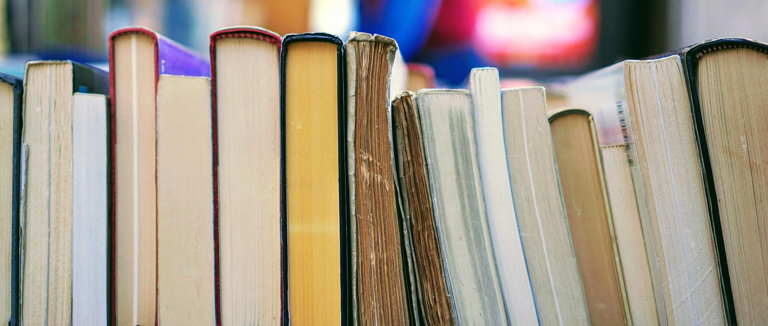 Mehrere Bücher sind in einer Reihe nebeneinander angeordenet.