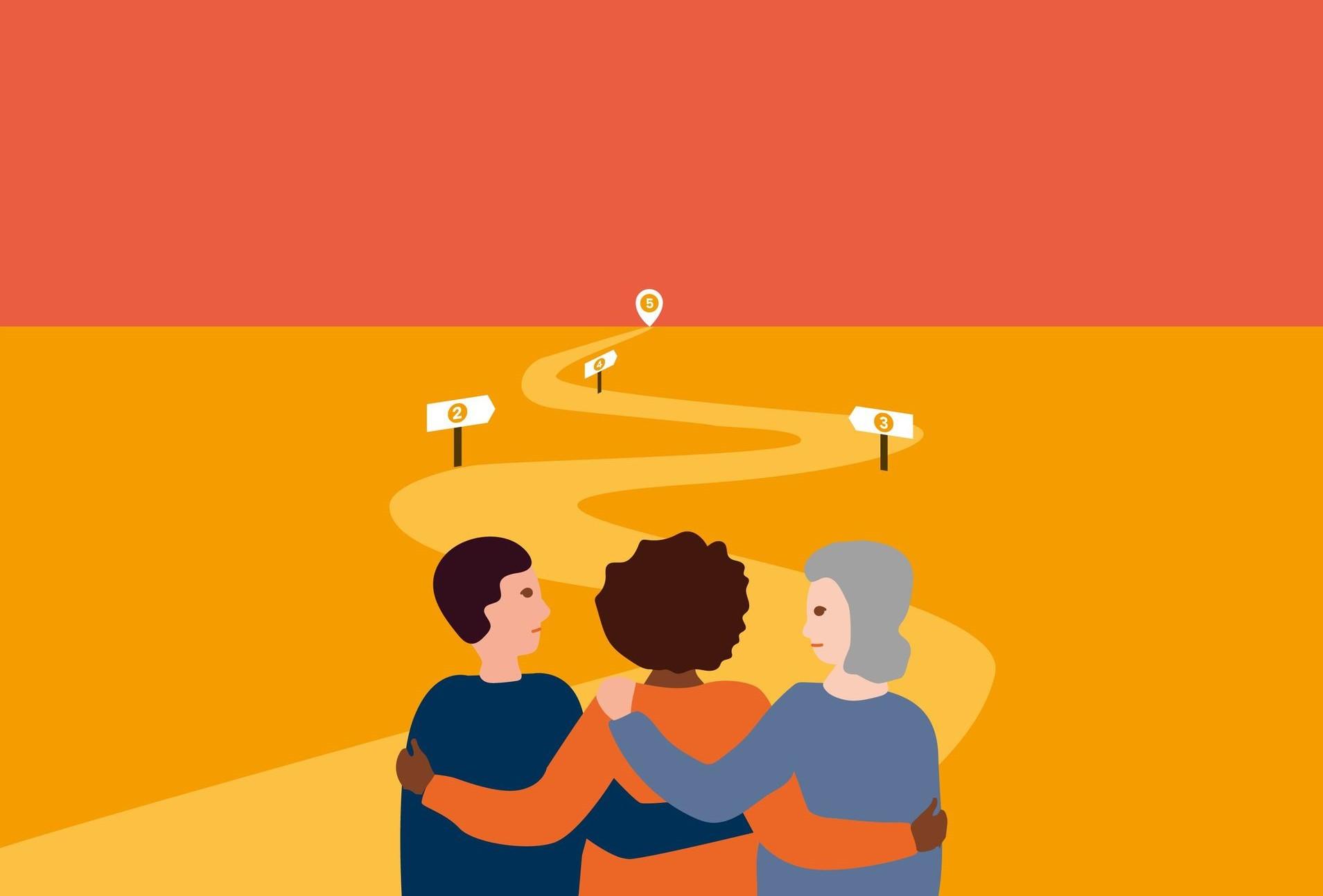 Man sieht eine Zeichnung. Drei Menschen unterschiedlichen Alters und Hautfarbe halten sich in den Armen. Richtung Horizont verläuft ein geschlängelter Weg mit nummerierten Positionen