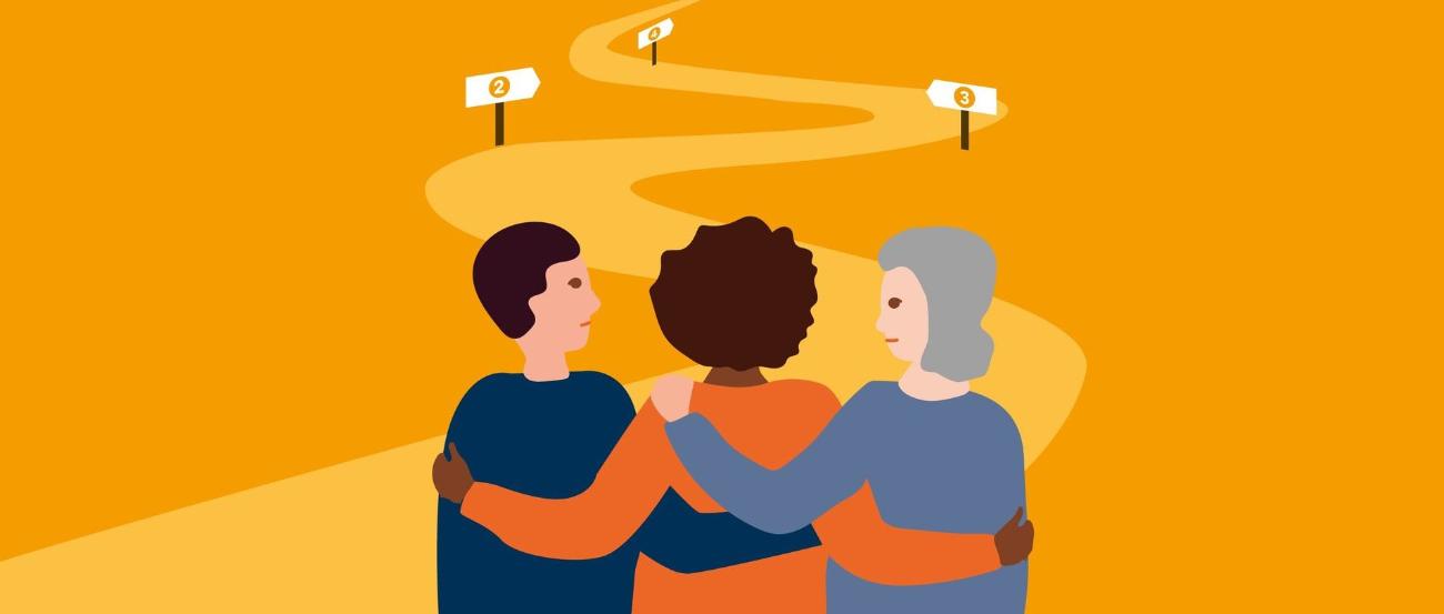 Man sieht eine Zeichnung. Drei Menschen unterschiedlichen Alters und Hautfarbe halten sich in den Armen. Richtung Horizont verläuft ein geschlängelter Weg mit nummerierten Positionen