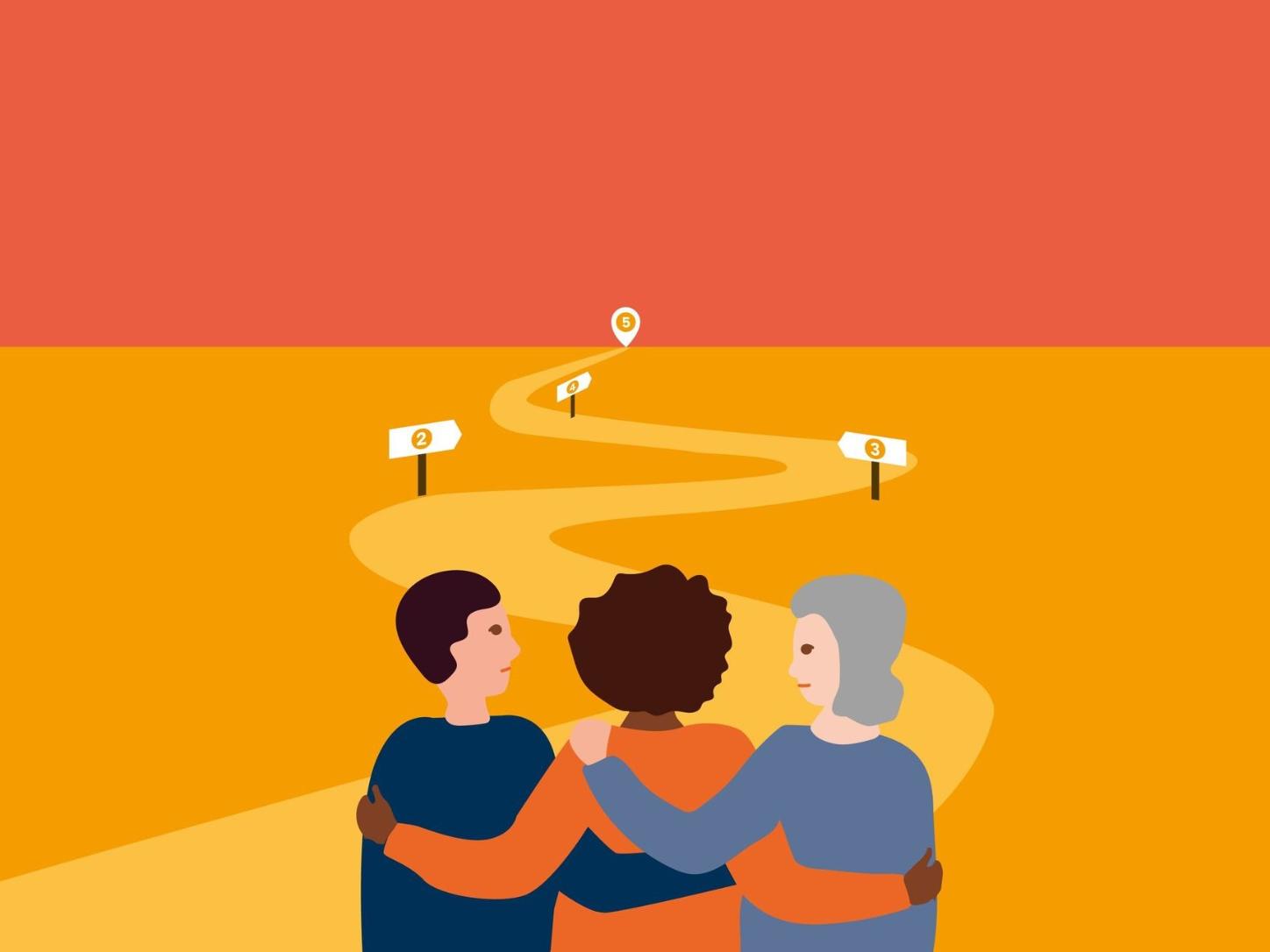 Man sieht eine Zeichnung. Drei Menschen unterschiedlichen Alters und Hautfarbe halten sich in den Armen. Richtung Horizont verläuft ein geschlängelter Weg mit nummerierten Positionen