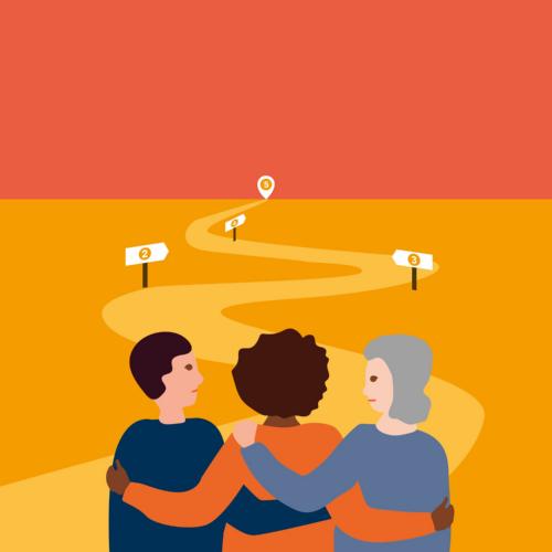 Man sieht eine Zeichnung. Drei Menschen unterschiedlichen Alters und Hautfarbe halten sich in den Armen. Richtung Horizont verläuft ein geschlängelter Weg mit nummerierten Positionen (c) Propeller, Michael Neunkirch Man sieht eine Zeichnung. Drei Menschen unterschiedlichen Alters und Hautfarbe halten sich in den Armen. Richtung Horizont verläuft ein geschlängelter Weg mit nummerierten Positionen