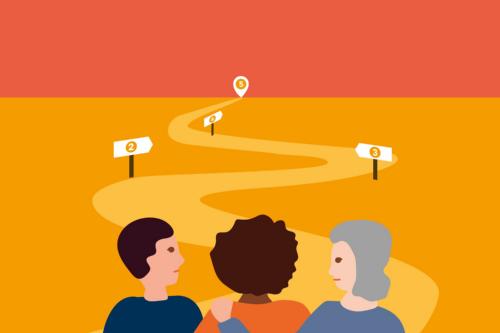 Man sieht eine Zeichnung. Drei Menschen unterschiedlichen Alters und Hautfarbe halten sich in den Armen. Richtung Horizont verläuft ein geschlängelter Weg mit nummerierten Positionen