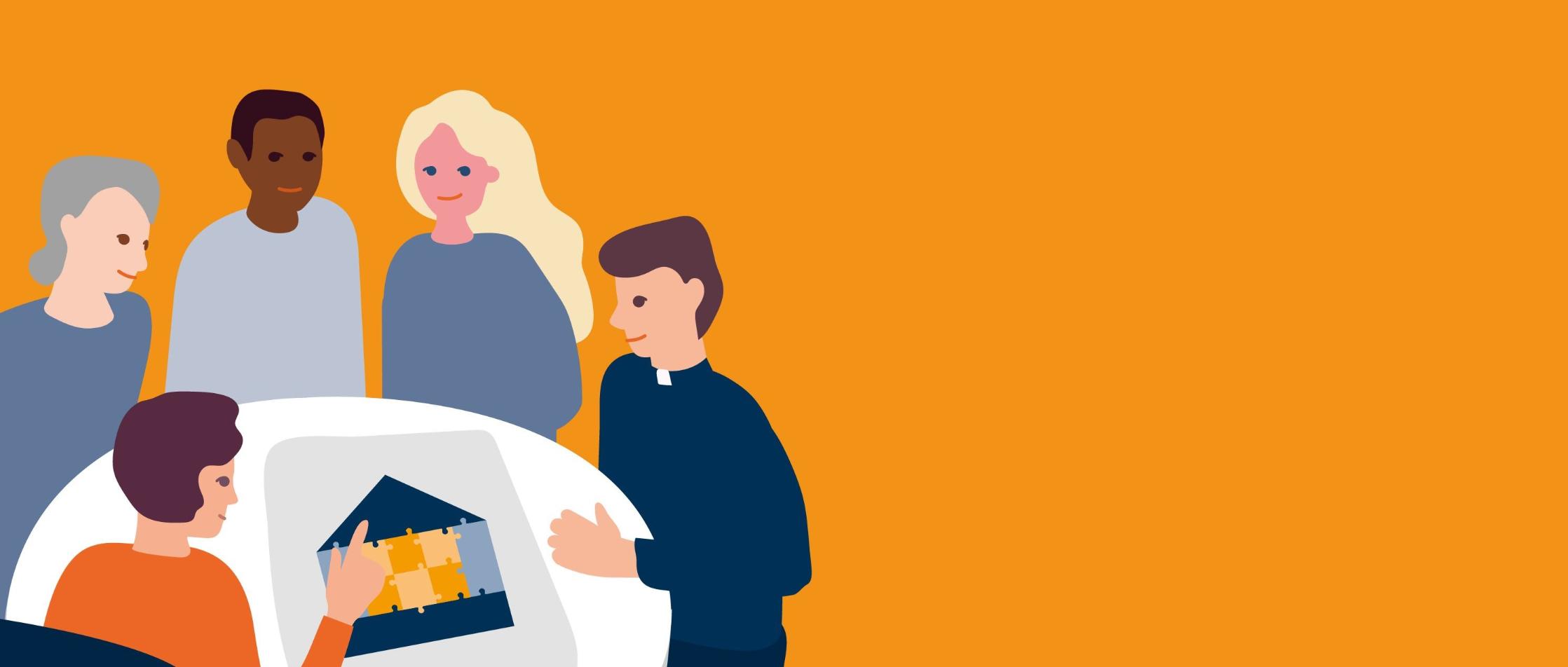 Man sieht eine Zeichnung. Drei Menschen unterschiedlichen Alters und Hautfarbe halten sich in den Armen. Richtung Horizont verläuft ein geschlängelter Weg mit markierten Postionen (c) Propeller, Michael Neukirch Man sieht eine Zeichnung. Drei Menschen unterschiedlichen Alters und Hautfarbe halten sich in den Armen. Richtung Horizont verläuft ein geschlängelter Weg mit markierten Postionen