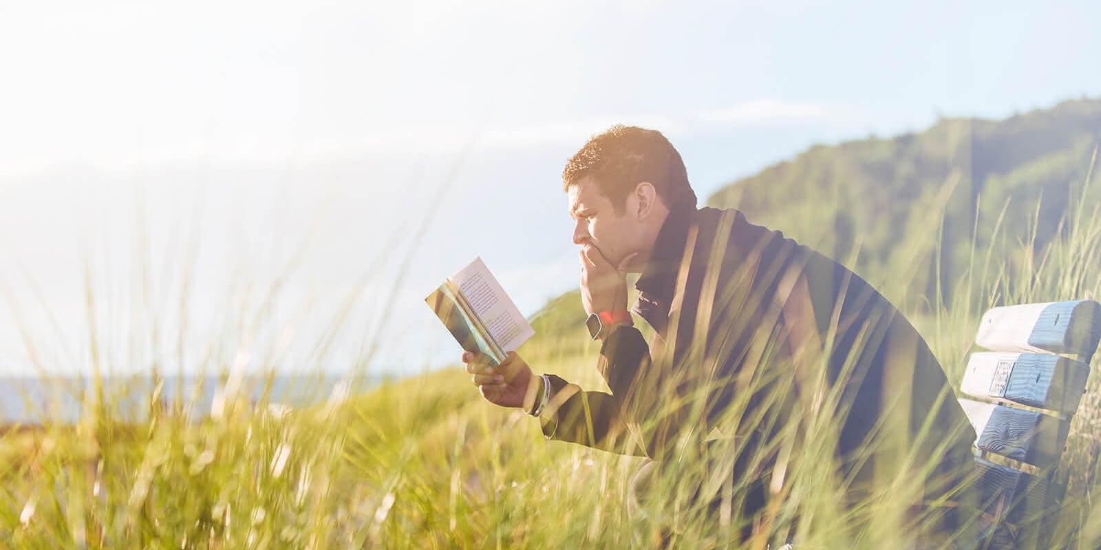 Mann mit Buch auf einer Bank in einer Wiese